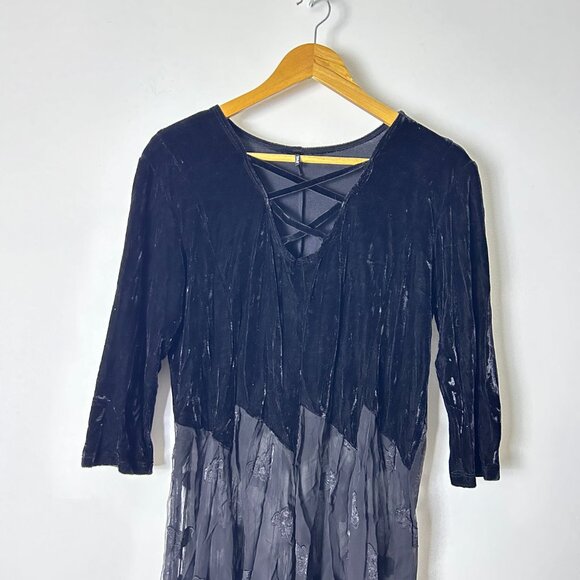 Zoe Black Lace-Up Neck 3/4 Sleeve Velvet Sheer Flowy Skirt Maxi Dress Size Large - Picture 8 of 17